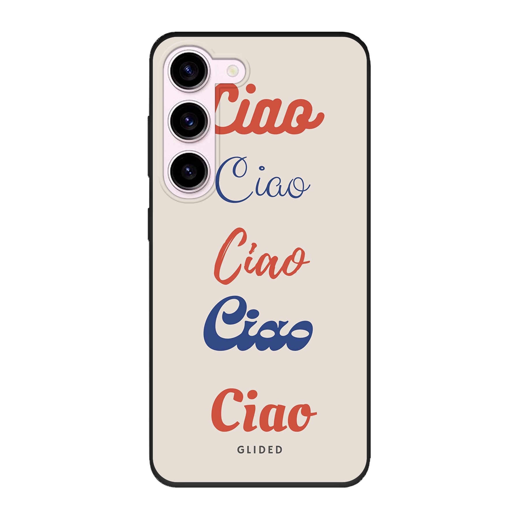 Ciao Handyhülle für Samsung Galaxy S23 mit buntem Design und dem Schriftzug 'Ciao' in verschiedenen Schriftarten.